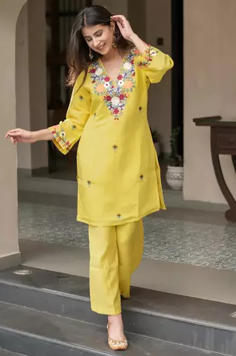 women's cotton blend embroidered kurta pant set