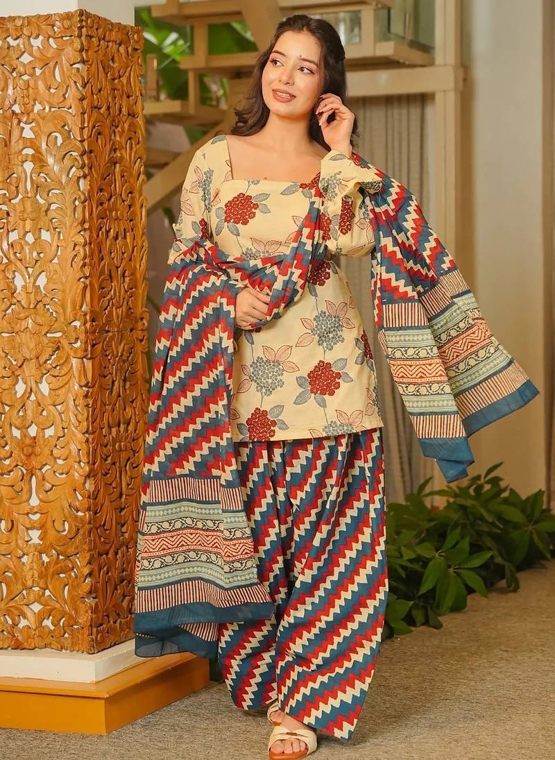 women's cotton blend printed farshi salwar suit with dupatta set