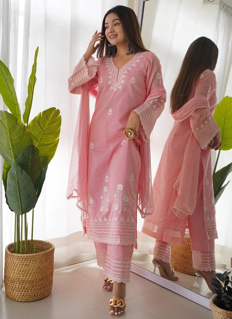 women's silk blend embroidered kurta pant with dupatta set