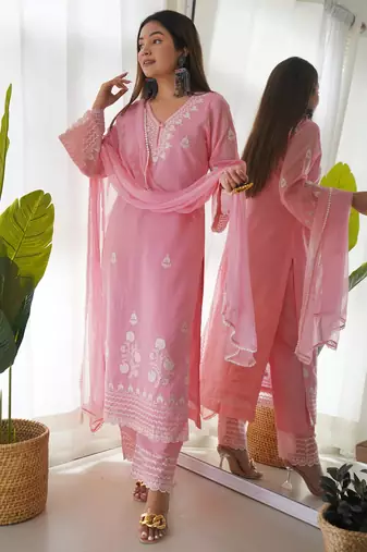 women's silk blend embroidered kurta pant with dupatta set