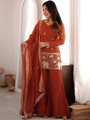women's shimmer silk embroidered kurta palazzo with dupatta set 1