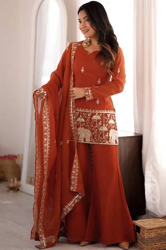 women's shimmer silk embroidered kurta palazzo with dupatta set