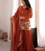 women's shimmer silk embroidered kurta palazzo with dupatta set