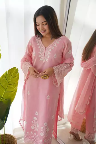 women's silk blend embroidered kurta pant with dupatta set