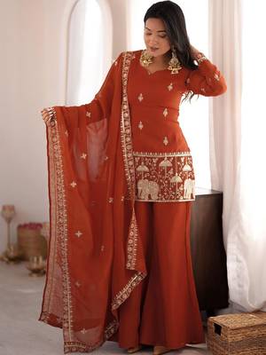 women's shimmer silk embroidered kurta palazzo with dupatta set 2