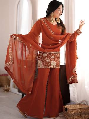 women's shimmer silk embroidered kurta palazzo with dupatta set 3