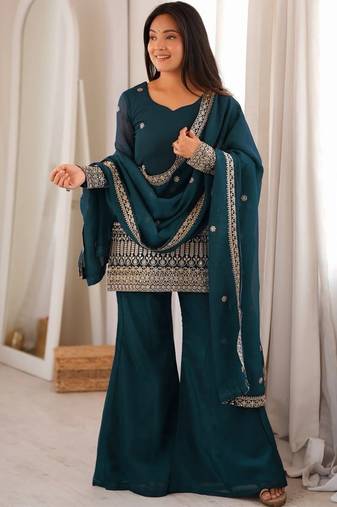 women's shimmer silk embroidered kurta palazzo with dupatta set