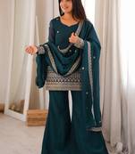 women's shimmer silk embroidered kurta palazzo with dupatta set