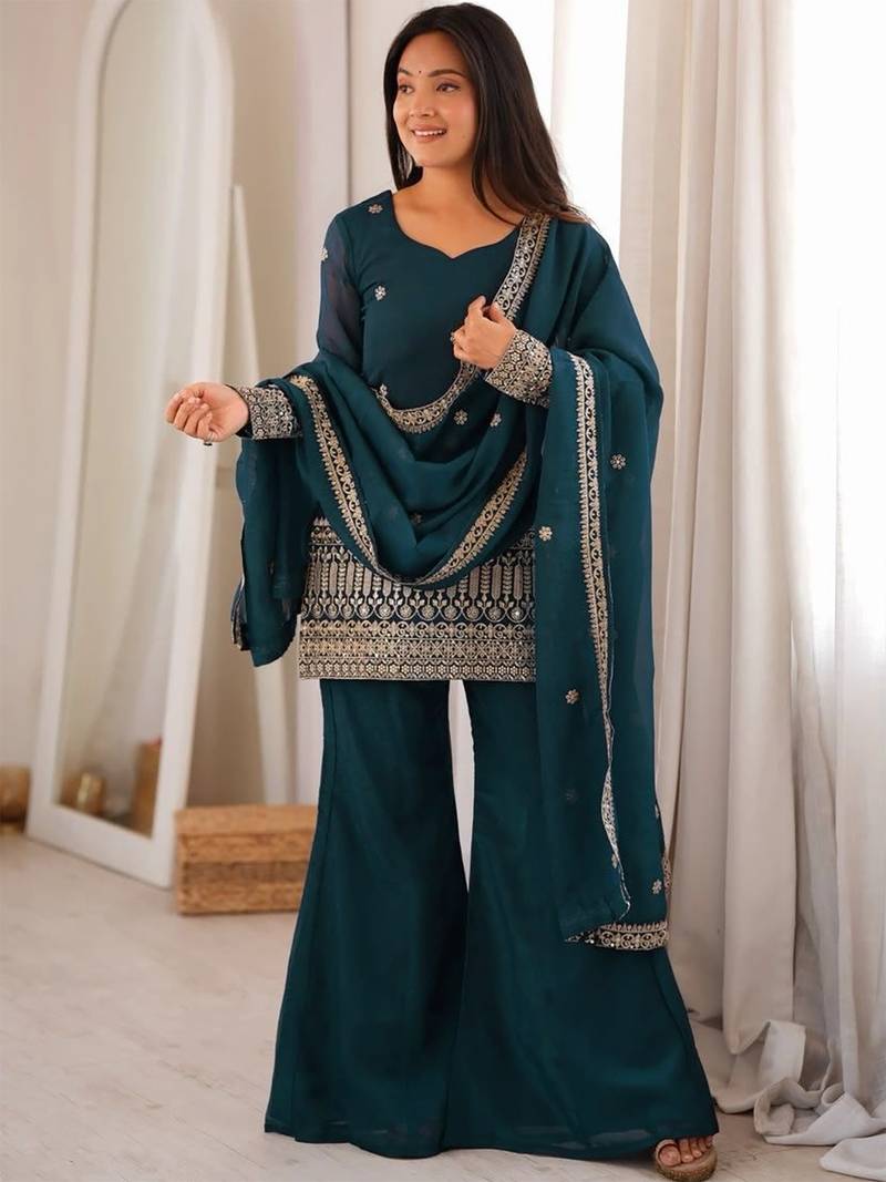women's shimmer silk embroidered kurta palazzo with dupatta set
