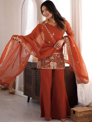 women's shimmer silk embroidered kurta palazzo with dupatta set 4