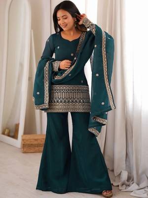 women's shimmer silk embroidered kurta palazzo with dupatta set 2