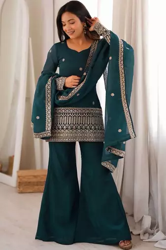 women's shimmer silk embroidered kurta palazzo with dupatta set