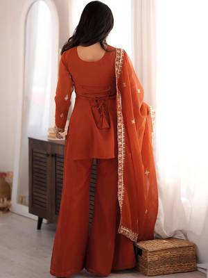 women's shimmer silk embroidered kurta palazzo with dupatta set 5