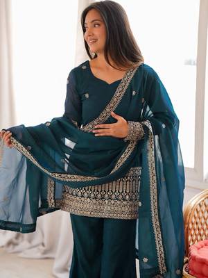 women's shimmer silk embroidered kurta palazzo with dupatta set 3