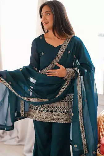 women's shimmer silk embroidered kurta palazzo with dupatta set