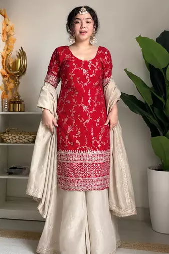 women's chanderi silk embroidered kurta palazzo with dupatta set