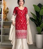 women's chanderi silk embroidered kurta palazzo with dupatta set