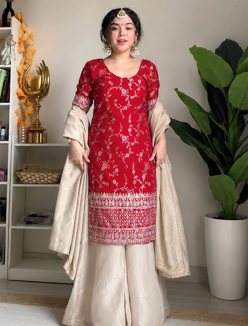 women's chanderi silk embroidered kurta palazzo with dupatta set