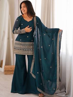 women's shimmer silk embroidered kurta palazzo with dupatta set 4