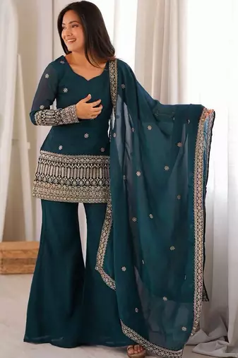 women's shimmer silk embroidered kurta palazzo with dupatta set