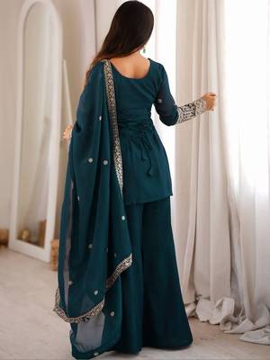 women's shimmer silk embroidered kurta palazzo with dupatta set 5