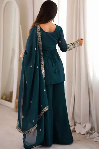 women's shimmer silk embroidered kurta palazzo with dupatta set