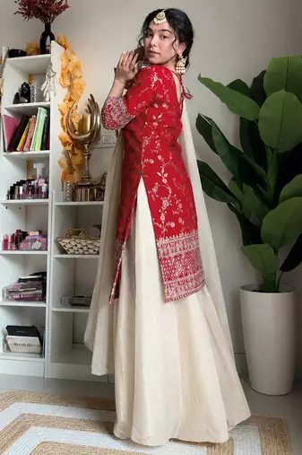 women's chanderi silk embroidered kurta palazzo with dupatta set