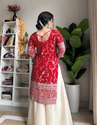 women's chanderi silk embroidered kurta palazzo with dupatta set 4