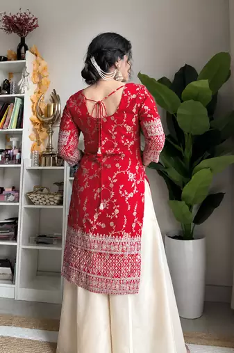 women's chanderi silk embroidered kurta palazzo with dupatta set