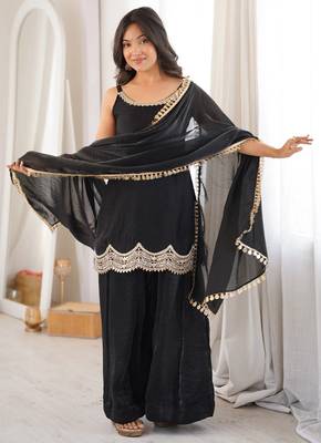 women's shimmer silk embroidered kurta palazzo with dupatta set 1