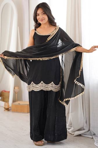 women's shimmer silk embroidered kurta palazzo with dupatta set