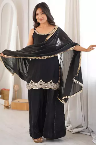 women's shimmer silk embroidered kurta palazzo with dupatta set