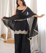women's shimmer silk embroidered kurta palazzo with dupatta set
