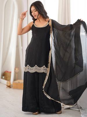women's shimmer silk embroidered kurta palazzo with dupatta set 2