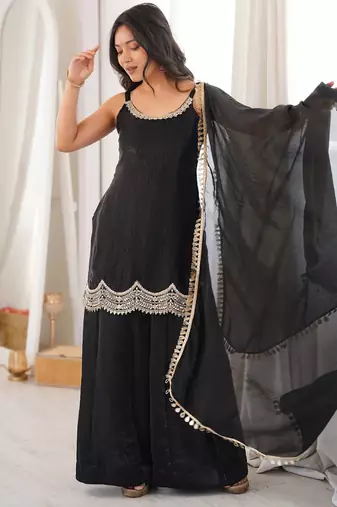 women's shimmer silk embroidered kurta palazzo with dupatta set