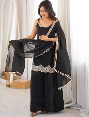 women's shimmer silk embroidered kurta palazzo with dupatta set 3