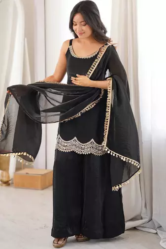 women's shimmer silk embroidered kurta palazzo with dupatta set