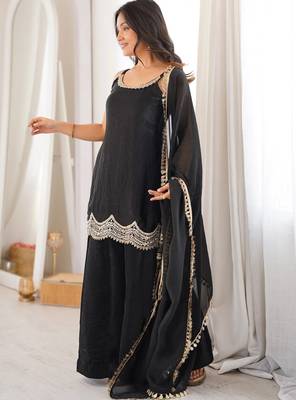 women's shimmer silk embroidered kurta palazzo with dupatta set 4