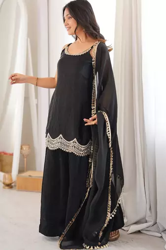 women's shimmer silk embroidered kurta palazzo with dupatta set