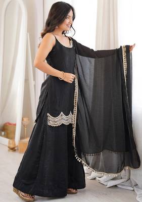 women's shimmer silk embroidered kurta palazzo with dupatta set 5