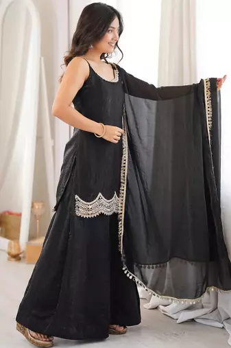 women's shimmer silk embroidered kurta palazzo with dupatta set