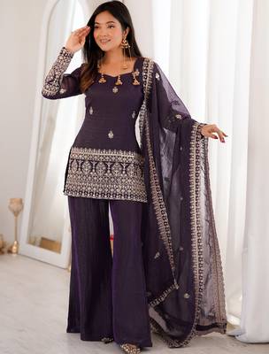 women's crunchy silk embroidered kurta palazzo with dupatta set 1