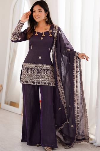 women's crunchy silk embroidered kurta palazzo with dupatta set