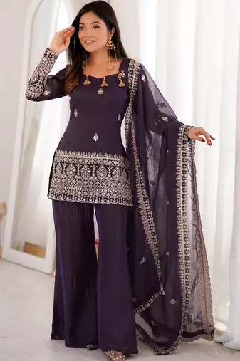 women's crunchy silk embroidered kurta palazzo with dupatta set