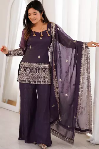 women's crunchy silk embroidered kurta palazzo with dupatta set
