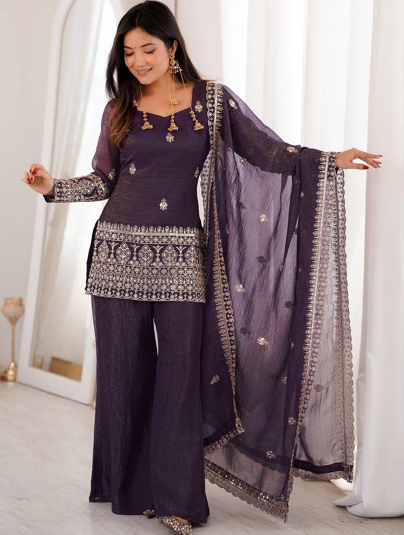 women's crunchy silk embroidered kurta palazzo with dupatta set