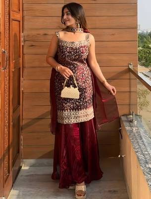 women's shimmer silk embroidered kurta palazzo with dupatta set 1