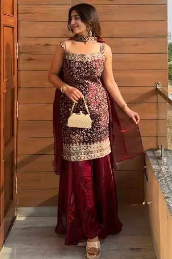 women's shimmer silk embroidered kurta palazzo with dupatta set