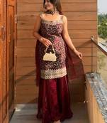 women's shimmer silk embroidered kurta palazzo with dupatta set