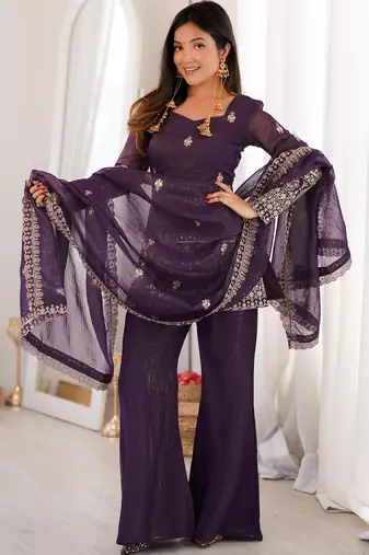 women's crunchy silk embroidered kurta palazzo with dupatta set